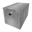 Stainless steel 120-litre grease trap with a smooth, shiny surface, featuring a side outlet and secure latches for easy access