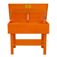 Bright orange 40-gallon parts washer with a hinged lid, faucet, and sturdy legs, designed for efficient cleaning and maintenance tasks