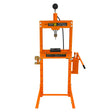 Bright orange hydraulic shop press with gauge, featuring a sturdy metal frame, adjustable pressure plate, and a manual lever for operation