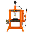 Bright orange hydraulic shop press with gauge, featuring a sturdy frame, a flat pressing plate, and a manual lever for operation