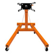 Heavy-duty orange folding engine stand with a sturdy base, adjustable arms, and smooth-rolling wheels for easy maneuverability
