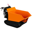 Compact tracked mini dumper in bright orange with a sturdy metal tipper, featuring rubber tracks for enhanced mobility and stability