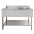 Stainless steel catering sink with a left-hand drainer, featuring a sleek design, smooth surface, and sturdy legs for durability