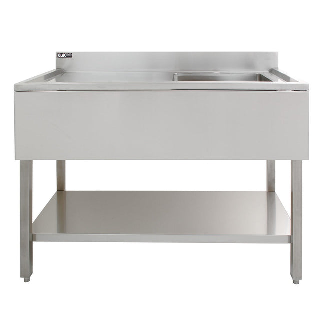 Stainless steel catering sink with a left-hand drainer, featuring a sleek design, smooth surface, and sturdy legs for durability