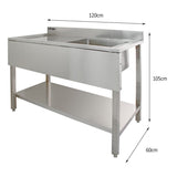 Stainless steel catering sink with left-hand drainer, featuring a sleek surface, sturdy legs, and a spacious bottom shelf for storage