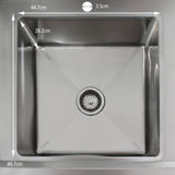 Stainless steel catering sink with a left-hand drainer, featuring a square basin, polished surface, and central drain hole