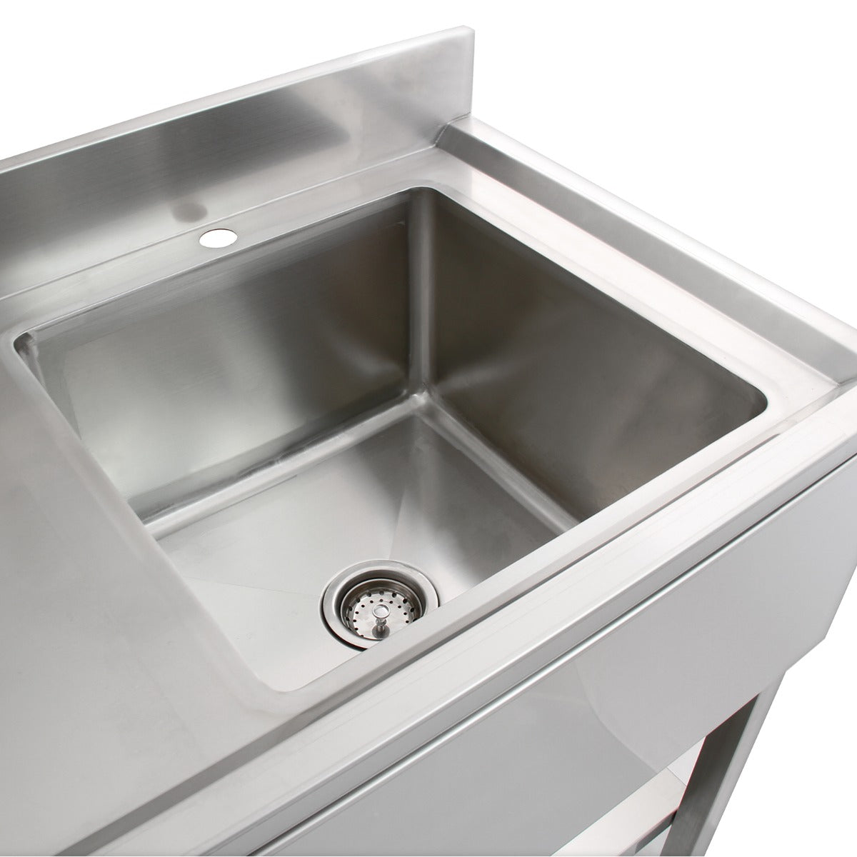 Stainless steel catering sink with a left-hand drainer, featuring a smooth surface, deep basin, and central drain for efficient use