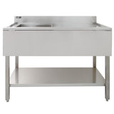 Stainless steel catering sink with right-hand drainer, featuring a sleek surface, sturdy legs, and a spacious lower shelf for storage