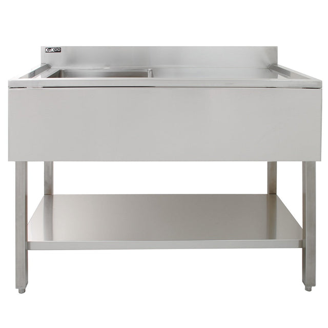 Stainless steel catering sink with right-hand drainer, featuring a sleek surface, sturdy legs, and a spacious lower shelf for storage