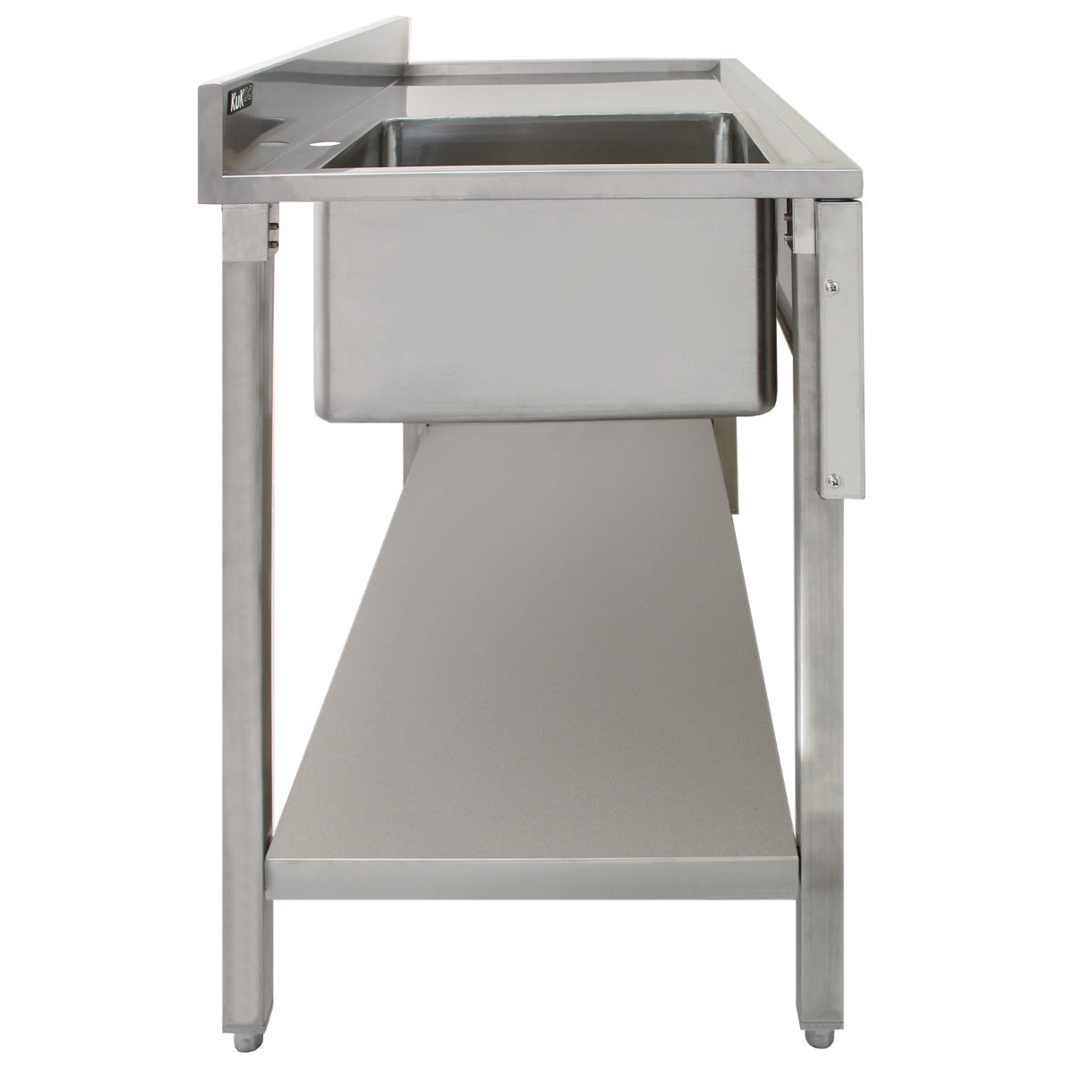 Stainless steel catering sink with right-hand drainer, featuring a smooth surface, sturdy legs, and a spacious under-sink shelf