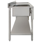 Stainless steel catering sink with right-hand drainer, featuring a smooth surface, sturdy legs, and a spacious under-sink shelf