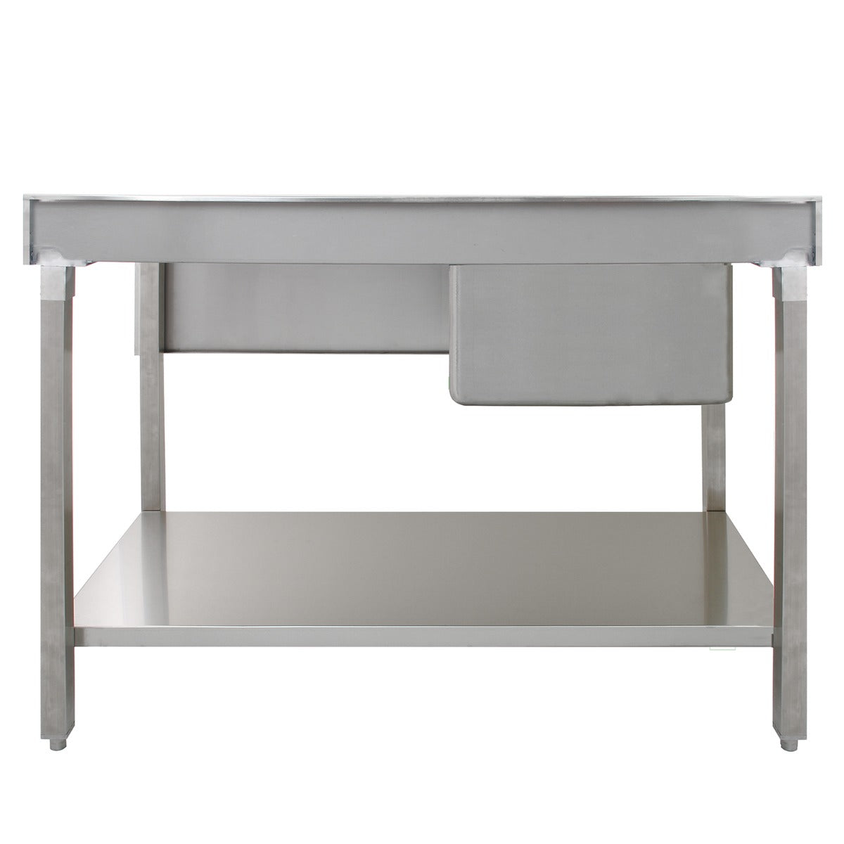 Stainless steel catering sink with a right-hand drainer, featuring a smooth surface, sturdy legs, and a spacious bottom shelf