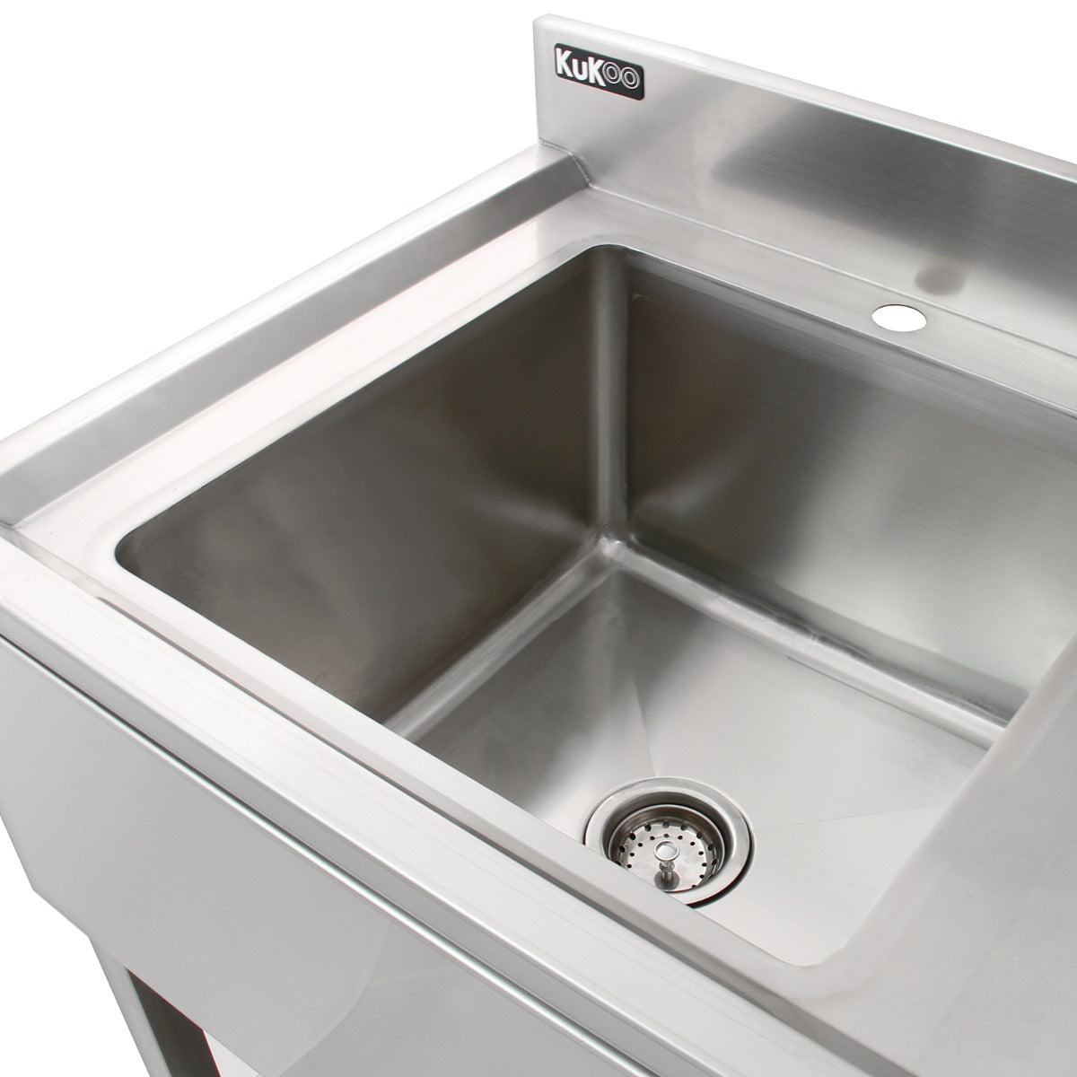 Stainless steel catering sink with a right-hand drainer, featuring a smooth, shiny surface and a central drain for efficient water flow