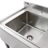 Stainless steel catering sink with a right-hand drainer, featuring a smooth, shiny surface and a central drain for efficient water flow