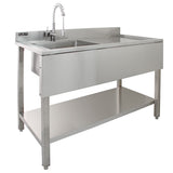 Stainless steel catering sink with right-hand drainer, featuring a sleek design, high faucet, and sturdy under-shelf for storage