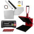 Red Clam heat press with a black base, vinyl cutter, tools, and materials for crafting, showcasing a complete sign-making bundle