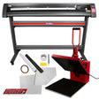 Clam Heat Press with a black base and red handle, alongside a 1350mm vinyl cutter, tools, and materials for crafting projects