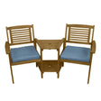 Two wooden companion chairs with blue cushions and a small, triangular side table between them, showcasing a modern design