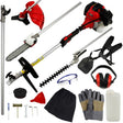 Red and black 52cc petrol garden cutter multi-tool with various attachments, safety gear, gloves, and accessories arranged neatly