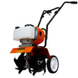 Compact T-Mech petrol garden tiller with orange engine, black handle, and sharp metal tines for efficient soil cultivation