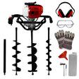 T-Mech Earth Auger with red engine, black auger bits, safety gloves, goggles, ear protection, and fuel funnel for digging tasks
