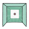Golf practice cage featuring a durable black frame, green mesh netting, and a central target with a red circle for accuracy training
