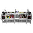 Sleek stainless steel twin cocktail bar station with blenders, ice bins, and organized shelves for bottles and glassware