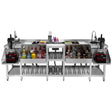 Compact twin cocktail bar station featuring stainless steel surfaces, two blenders, shelves for bottles, and glassware storage