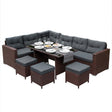 Stylish brown rattan corner set featuring plush gray cushions, a glass-top table, and matching ottomans, perfect for outdoor dining