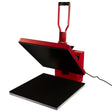 Red 50cm clam heat press with a sleek black heating plate, featuring a sturdy handle and digital control panel for precise temperature settings