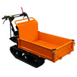 Compact tracked mini dumper with a bright orange steel body, black rubber tracks, and a sturdy handle for easy maneuvering