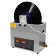 Stainless steel ultrasonic cleaner with digital display, vinyl adaptor, and a black record partially submerged in cleaning solution