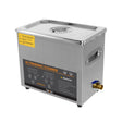 Stainless steel 6L ultrasonic cleaner with a digital display, control buttons, and a warning label for safe operation