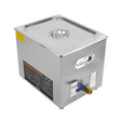 Stainless steel 10L ultrasonic cleaner with a sleek design, featuring a lid, control panel, and drainage tap for easy use