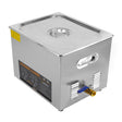 Stainless steel 15L ultrasonic cleaner with a sleek design, featuring a lid, drainage valve, and textured surface for durability