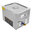 Stainless steel 30L ultrasonic cleaner with a sleek design, featuring a lid, control panel, and drainage valve for easy use