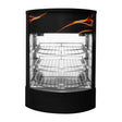 Round commercial food warmer with glass display, featuring three wire racks and a sleek black finish, ideal for showcasing pizza