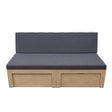 Stylish camper van bed with a sleek gray upholstered cushion and light wood frame, featuring hidden storage compartments underneath