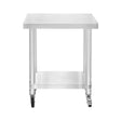 Sturdy stainless steel work table with a smooth surface, adjustable height, and rolling casters for easy mobility and versatility