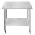 Stainless steel work table with a smooth surface, sturdy legs, and wheels for mobility, featuring a lower shelf for storage