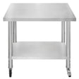 Stainless steel work table with a smooth surface, sturdy legs, and wheels for mobility, featuring a lower shelf for storage