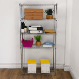 Metal wire racking unit with five shelves, featuring boxes, plants, and storage bins in a bright, organized space