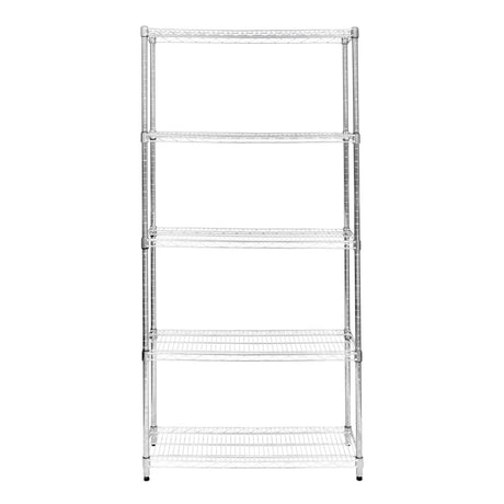 Sturdy chrome wire racking unit with five shelves, measuring 35cm x 90cm x 180cm, ideal for storage and organization