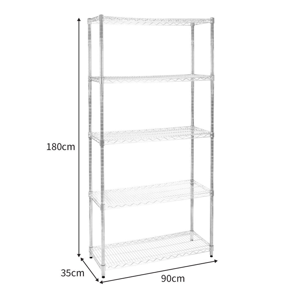 Sturdy chrome wire racking unit with four shelves, measuring 35cm wide, 90cm deep, and 180cm tall, ideal for storage solutions
