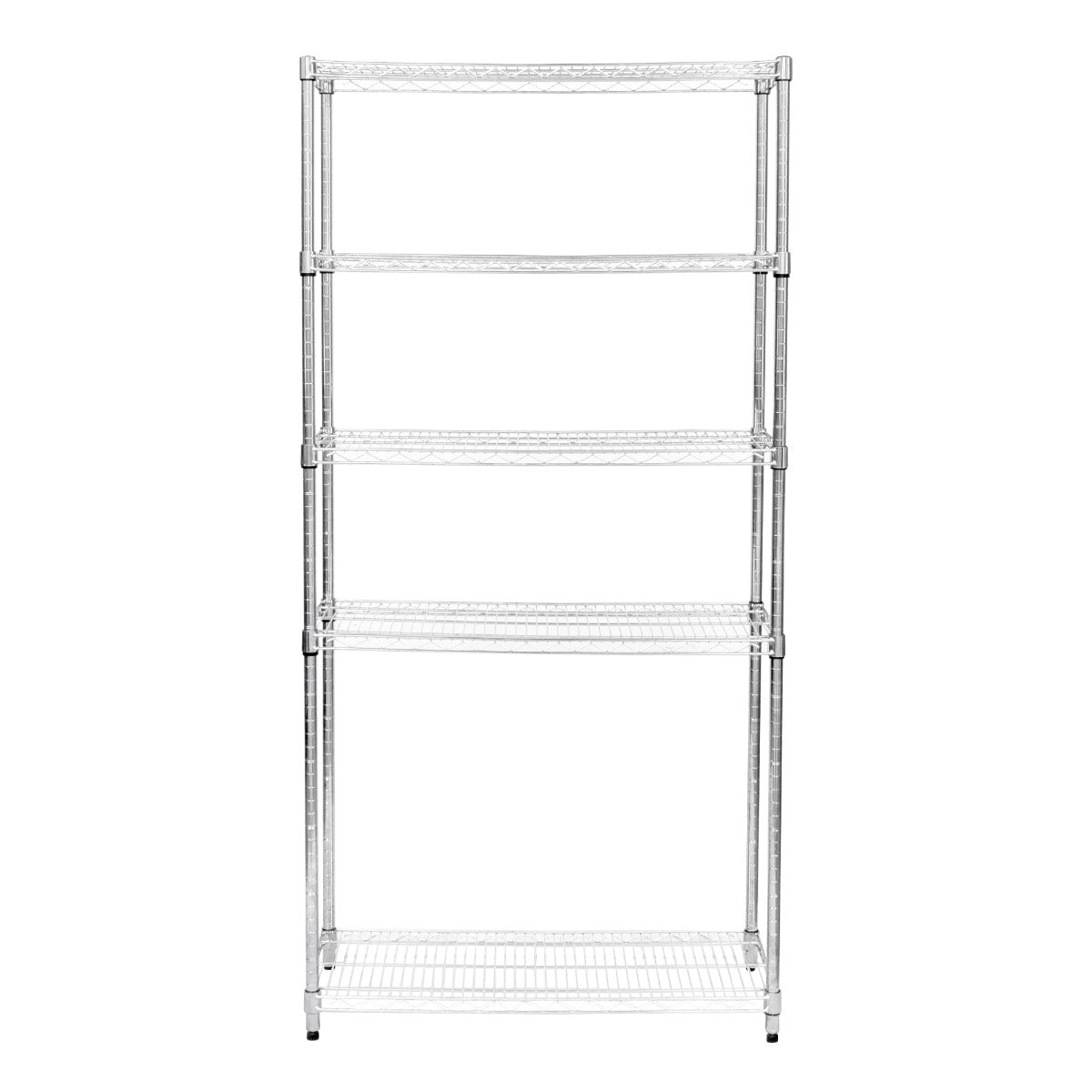 Sturdy silver wire shelving unit with four open shelves, measuring 35cm x 90cm x 180cm, ideal for storage and organization