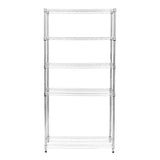 Sturdy silver wire shelving unit with four open shelves, measuring 35cm x 90cm x 180cm, ideal for storage and organization