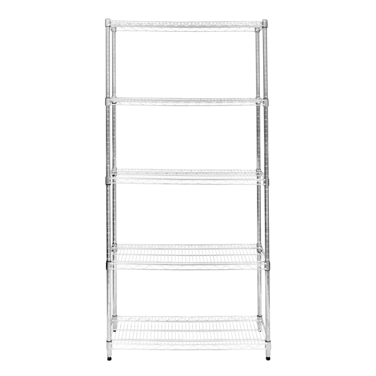 Sturdy silver wire racking unit with four open shelves, measuring 45cm x 90cm x 180cm, ideal for storage and organization