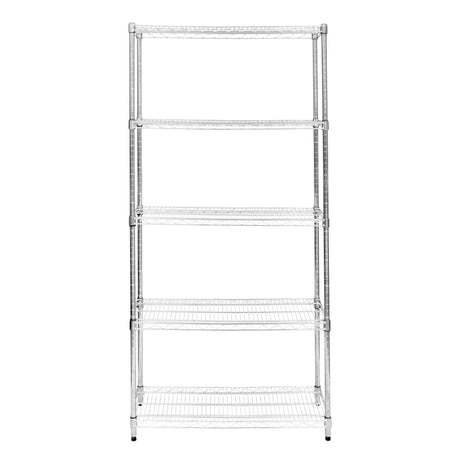 Sturdy silver wire racking unit with four open shelves, measuring 45cm x 90cm x 180cm, ideal for storage and organization