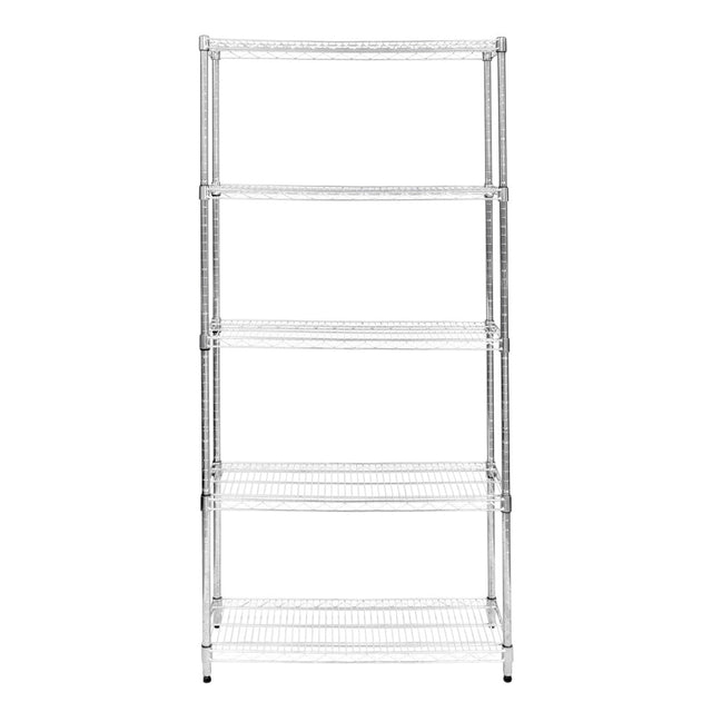 Sturdy silver wire racking unit with four open shelves, measuring 45cm x 90cm x 180cm, ideal for storage and organization