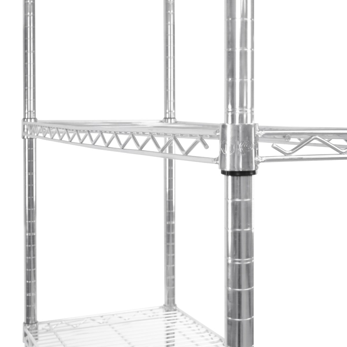Sturdy chrome wire racking unit with a sleek design, featuring three adjustable shelves and a durable, open-grid structure
